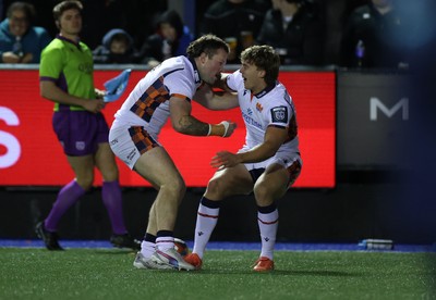 251025 - Cardiff Rugby v Edinburgh - United Rugby Championship - Lewis Wells of Edinburgh celebrates scoring a try
