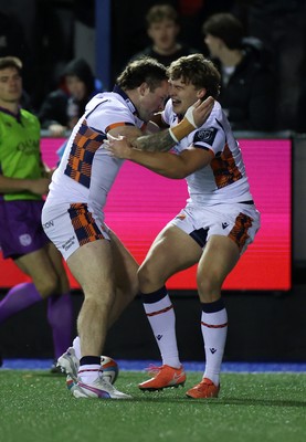 251025 - Cardiff Rugby v Edinburgh - United Rugby Championship - Lewis Wells of Edinburgh celebrates scoring a try