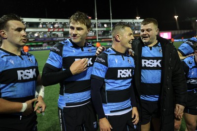 251025 - Cardiff Rugby v Edinburgh - United Rugby Championship - Taine Basham, Jacob Beetham, Callum Sheedy and Danny Southworth of Cardiff at full time