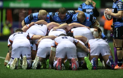 251025 - Cardiff Rugby v Edinburgh - United Rugby Championship - Keiron Assiratti, Daf Hughes and Corey Domachowski of Cardiff 
