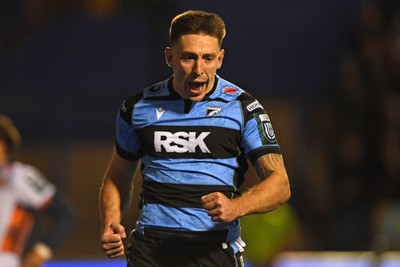 251025 - Cardiff Rugby v Edinburgh Rugby - United Rugby Championship - Josh Adams of Cardiff Rugby celebrates scoring a try