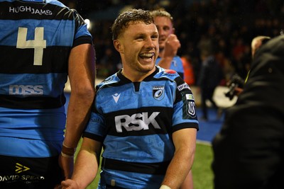 251025 - Cardiff Rugby v Edinburgh Rugby - United Rugby Championship - Tom Bowen of Cardiff Rugby celebrates the win at full time