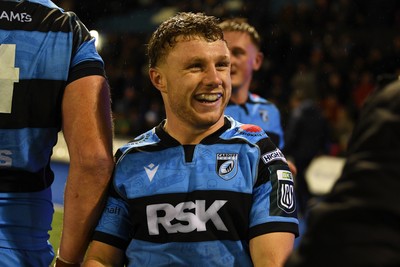 251025 - Cardiff Rugby v Edinburgh Rugby - United Rugby Championship - Tom Bowen of Cardiff Rugby celebrates the win at full time