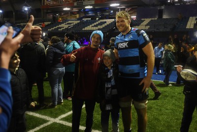 251025 - Cardiff Rugby v Edinburgh Rugby - United Rugby Championship - Josh McNally of Cardiff Rugby with fans at full time