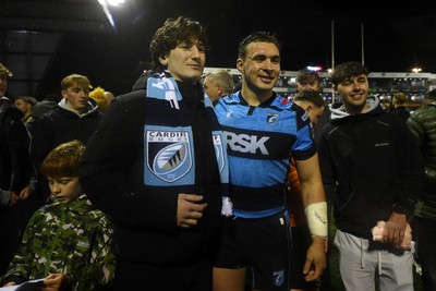 251025 - Cardiff Rugby v Edinburgh Rugby - United Rugby Championship - Taine Basham of Cardiff Rugby with fans at full time