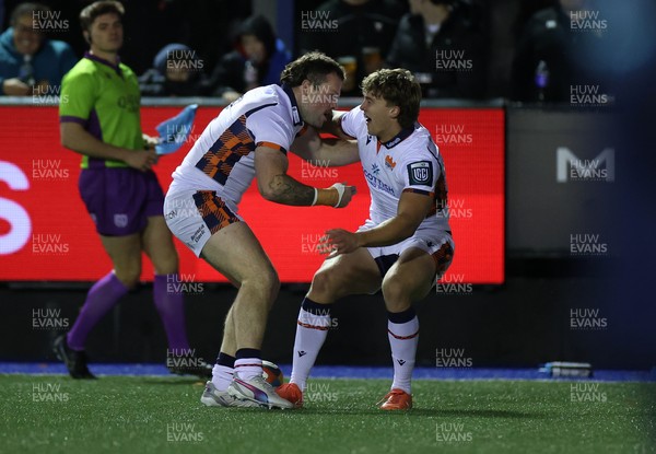 251025 - Cardiff Rugby v Edinburgh - United Rugby Championship - Lewis Wells of Edinburgh celebrates scoring a try