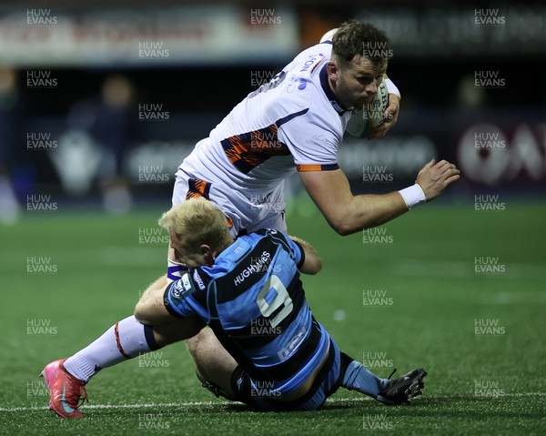 251025 - Cardiff Rugby v Edinburgh - United Rugby Championship - Magnus Bradbury of Edinburgh is tackled by Johan Mulder of Cardiff 