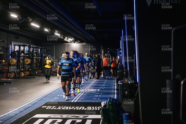 251025 - Cardiff Rugby v Edinburgh - United Rugby Championship - Liam Belcher of Cardiff leads the team out the changing room