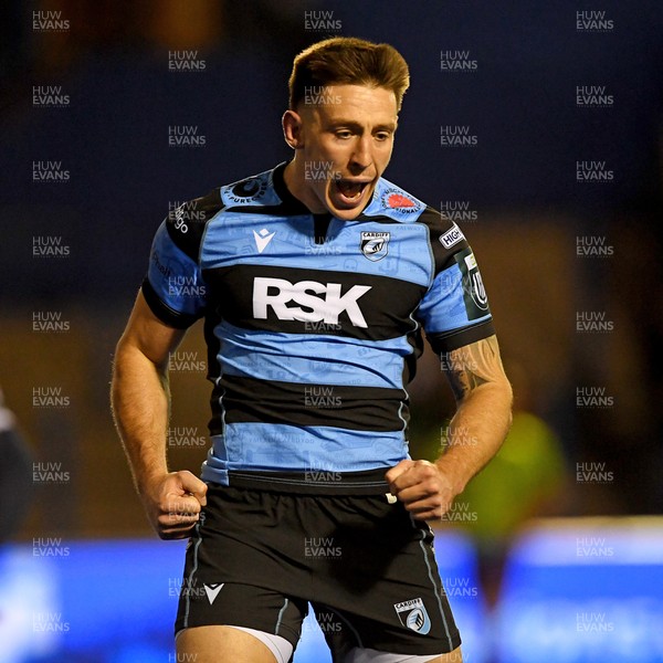 251025 - Cardiff Rugby v Edinburgh Rugby - United Rugby Championship - Josh Adams of Cardiff Rugby celebrates scoring a try