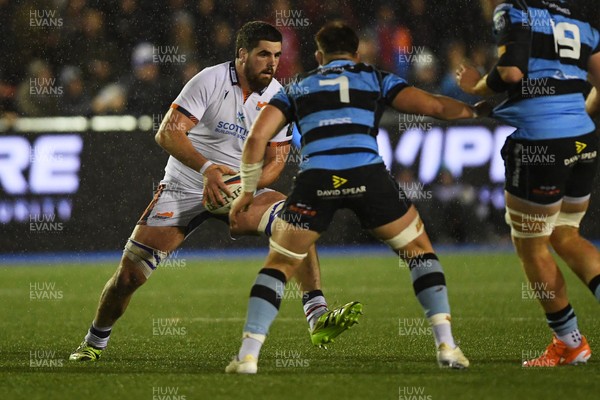 251025 - Cardiff Rugby v Edinburgh Rugby - United Rugby Championship - Grant Gilchrist of Edinburgh is challenged by Taine Basham of Cardiff Rugby