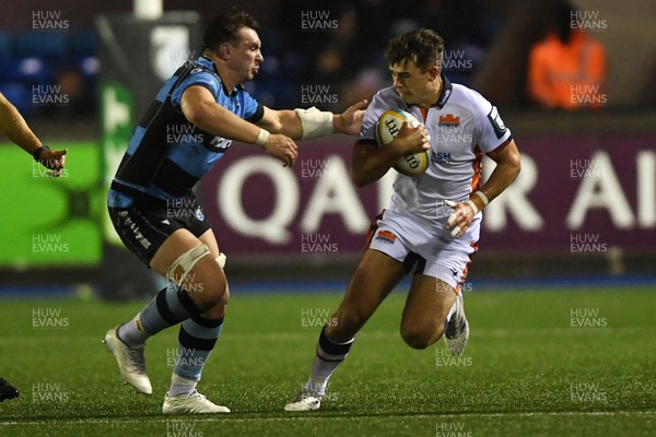 251025 - Cardiff Rugby v Edinburgh Rugby - United Rugby Championship - Ross Thompson of Edinburgh is challenged by Taine Basham of Cardiff Rugby