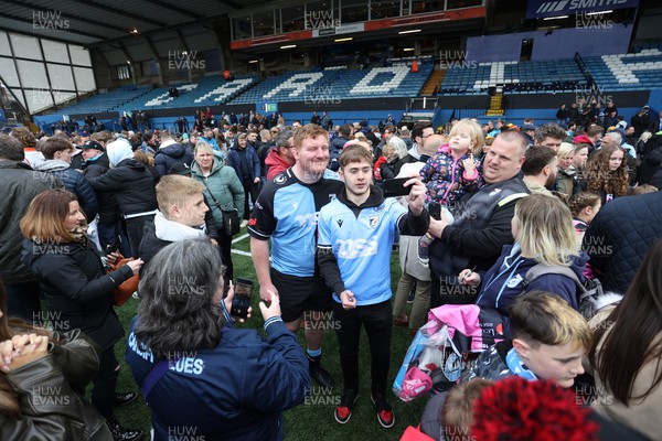 270424 - Cardiff Rugby v Edinburgh Rugby - United Rugby Championship - Rhys Carre of Cardiff with fans at full time