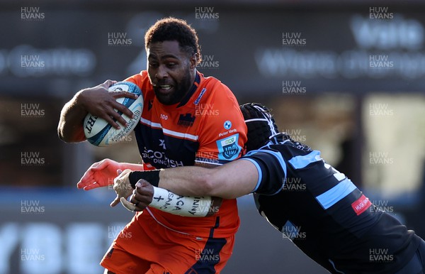 301022 - Cardiff Rugby v Edinburgh - BKT United Rugby Championship - Viliame Mata of Edinburgh is tackled by Rory Thornton of Cardiff