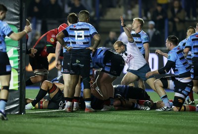 210325 - Cardiff Rugby v Emirates Lions - United Rugby Championship - Asenathi Ntlabakanye of Lions gets over the line to score a try