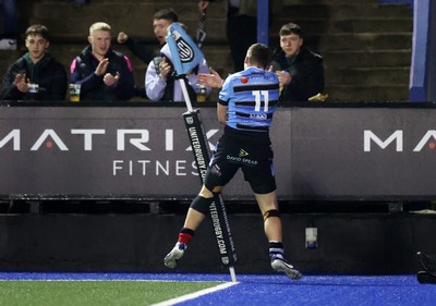 210325 - Cardiff Rugby v Emirates Lions - United Rugby Championship - Harri Millard of Cardiff celebrates scoring a try