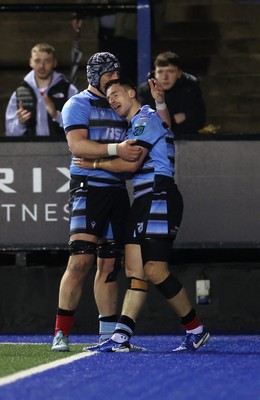 210325 - Cardiff Rugby v Emirates Lions - United Rugby Championship - Harri Millard of Cardiff celebrates scoring a try