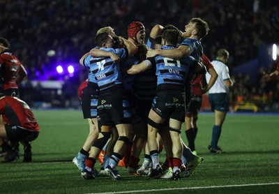 210325 - Cardiff Rugby v Emirates Lions - United Rugby Championship - Cardiff celebrate the victory at full time