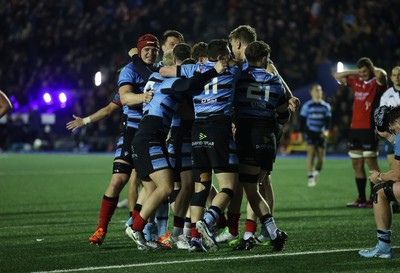 210325 - Cardiff Rugby v Emirates Lions - United Rugby Championship - Cardiff celebrate the victory at full time