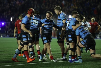 210325 - Cardiff Rugby v Emirates Lions - United Rugby Championship - Callum Sheedy and Cardiff celebrate the victory at full time