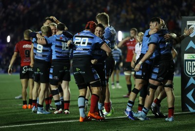 210325 - Cardiff Rugby v Emirates Lions - United Rugby Championship - Cardiff celebrate the victory at full time