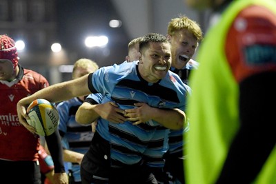 210325 - Cardiff Rugby v Emirates Lions - United Rugby Championship - Ben Donnell of Cardiff celebrates scoring a try with team mates