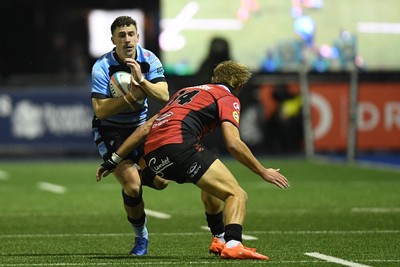 210325 - Cardiff Rugby v Emirates Lions - United Rugby Championship - Harri Millard of Cardiff is challenged by Richard Kriel of Emirates Lions