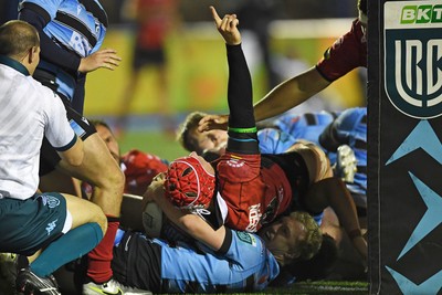 210325 - Cardiff Rugby v Emirates Lions - United Rugby Championship - Francke Horn of Emirates Lions celebrates scoring a try