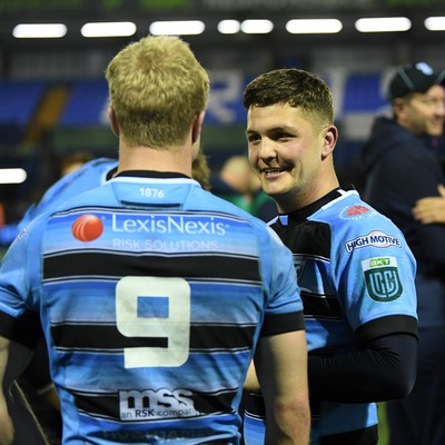 210325 - Cardiff Rugby v Emirates Lions - United Rugby Championship - Callum Sheedy of Cardiff celebrates the win at full time