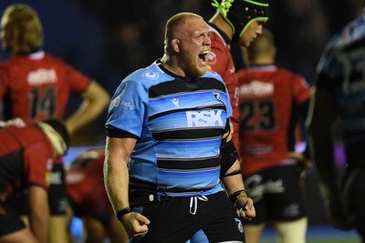 210325 - Cardiff Rugby v Emirates Lions - United Rugby Championship - Corey Domachowski of Cardiff celebrates the win at full time