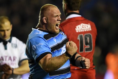 210325 - Cardiff Rugby v Emirates Lions - United Rugby Championship - Corey Domachowski of Cardiff celebrates the win at full time