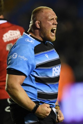 210325 - Cardiff Rugby v Emirates Lions - United Rugby Championship - Corey Domachowski of Cardiff celebrates the win at full time