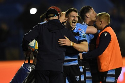 210325 - Cardiff Rugby v Emirates Lions - United Rugby Championship - Harri Millard of Cardiff celebrates the win at full time