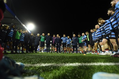 210325 - Cardiff Rugby v Emirates Lions - United Rugby Championship - Cardiff team huddle at full time