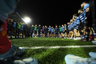 210325 - Cardiff Rugby v Emirates Lions - United Rugby Championship - Cardiff team huddle at full time