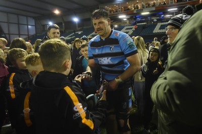 210325 - Cardiff Rugby v Emirates Lions - United Rugby Championship - Alun Lawrence of Cardiff with fans at full time