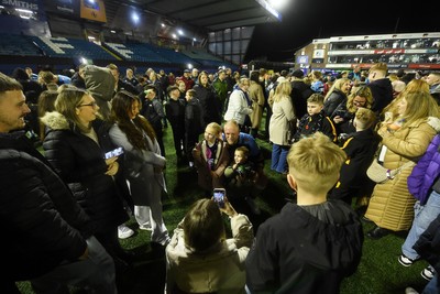 210325 - Cardiff Rugby v Emirates Lions - United Rugby Championship - Corey Domachowski of Cardiff with fans at full time