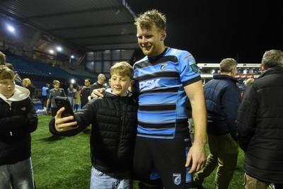 210325 - Cardiff Rugby v Emirates Lions - United Rugby Championship - Josh McNally of Cardiff with fans at full time