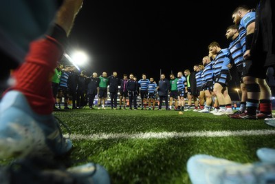 210325 - Cardiff Rugby v Emirates Lions - United Rugby Championship - Cardiff team huddle at full time