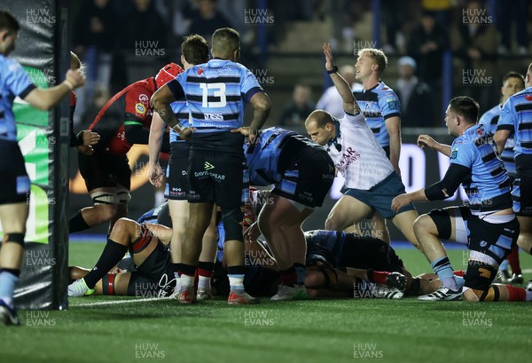 210325 - Cardiff Rugby v Emirates Lions - United Rugby Championship - Asenathi Ntlabakanye of Lions gets over the line to score a try