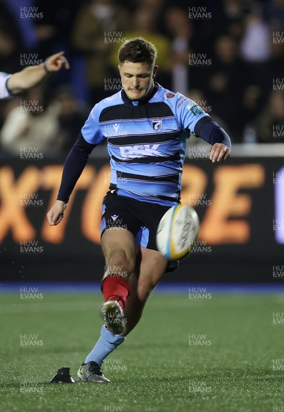 210325 - Cardiff Rugby v Emirates Lions - United Rugby Championship - Callum Sheedy of Cardiff kicks a penalty