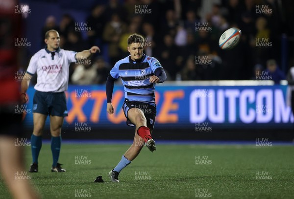 210325 - Cardiff Rugby v Emirates Lions - United Rugby Championship - Callum Sheedy of Cardiff kicks a penalty