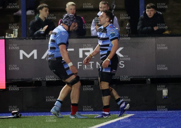 210325 - Cardiff Rugby v Emirates Lions - United Rugby Championship - Harri Millard of Cardiff celebrates scoring a try