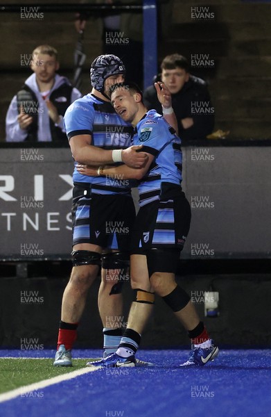 210325 - Cardiff Rugby v Emirates Lions - United Rugby Championship - Harri Millard of Cardiff celebrates scoring a try