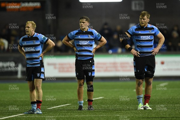 210325 - Cardiff Rugby v Emirates Lions - United Rugby Championship - Johan Mulder, Alex Mann and Josh McNally of Cardiff