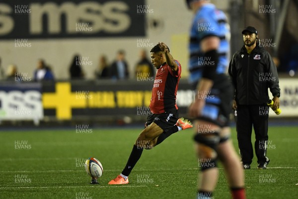 210325 - Cardiff Rugby v Emirates Lions - United Rugby Championship - Gianni Lombard of Emirates Lions kicks a penalty