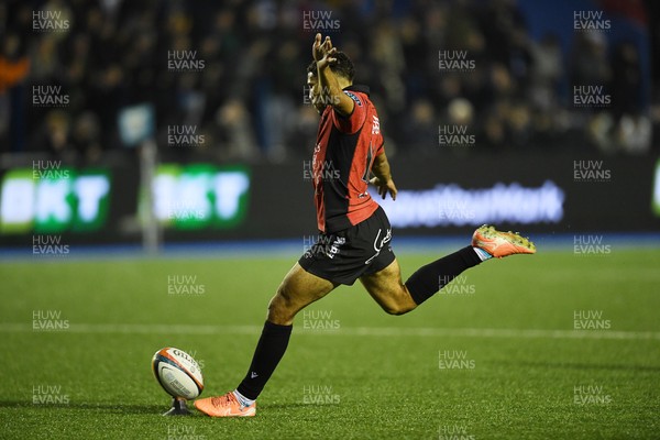 210325 - Cardiff Rugby v Emirates Lions - United Rugby Championship - Gianni Lombard of Emirates Lions kicks the conversion