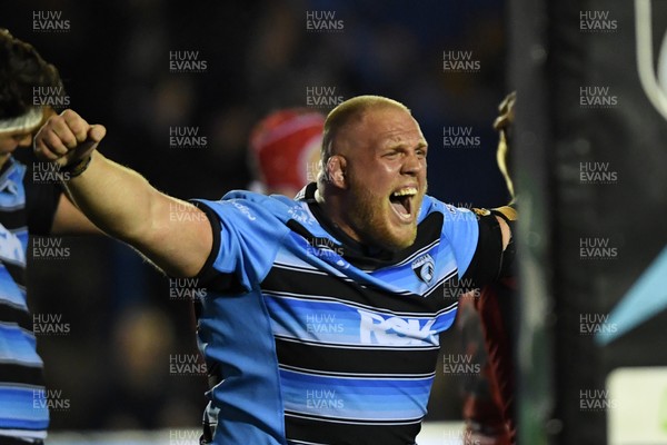 210325 - Cardiff Rugby v Emirates Lions - United Rugby Championship - Corey Domachowski of Cardiff celebrates the win at full time