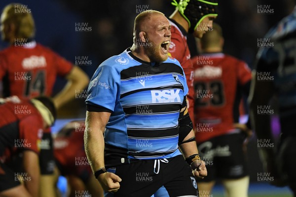 210325 - Cardiff Rugby v Emirates Lions - United Rugby Championship - Corey Domachowski of Cardiff celebrates the win at full time