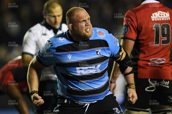 210325 - Cardiff Rugby v Emirates Lions - United Rugby Championship - Corey Domachowski of Cardiff celebrates the win at full time