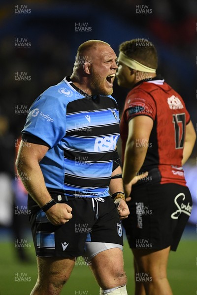 210325 - Cardiff Rugby v Emirates Lions - United Rugby Championship - Corey Domachowski of Cardiff celebrates the win at full time